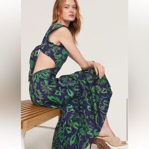 Marissa Webb Cut Out Tiered Dress Green Leaf on Blue Dress sz 12